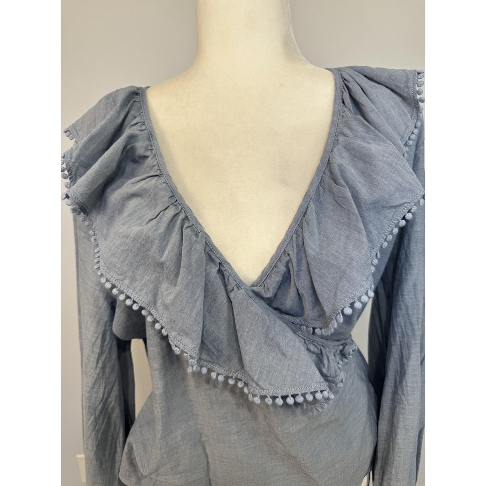 & Other Stories Shirt Women's 10 Blue Chambray Ruffle Pom Pom Peasant Blouse